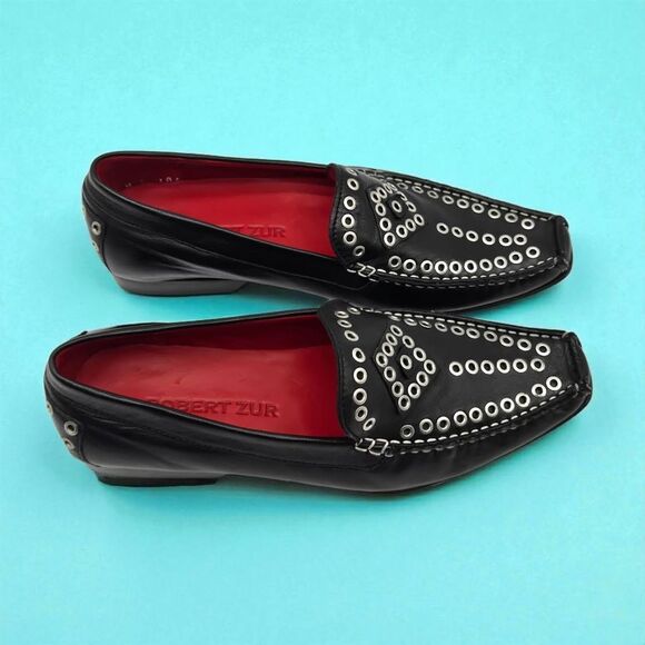 ROBERT ZUR Black Sz 7M True Glove Leather Driving Loafer Slip On Moccasin Rivets - Picture 10 of 16